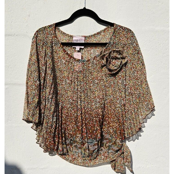 Romeo & Juliet Womens Top Small Brown Floral Sheer Pleated Flutter Sleeve NWT - Picture 1 of 7